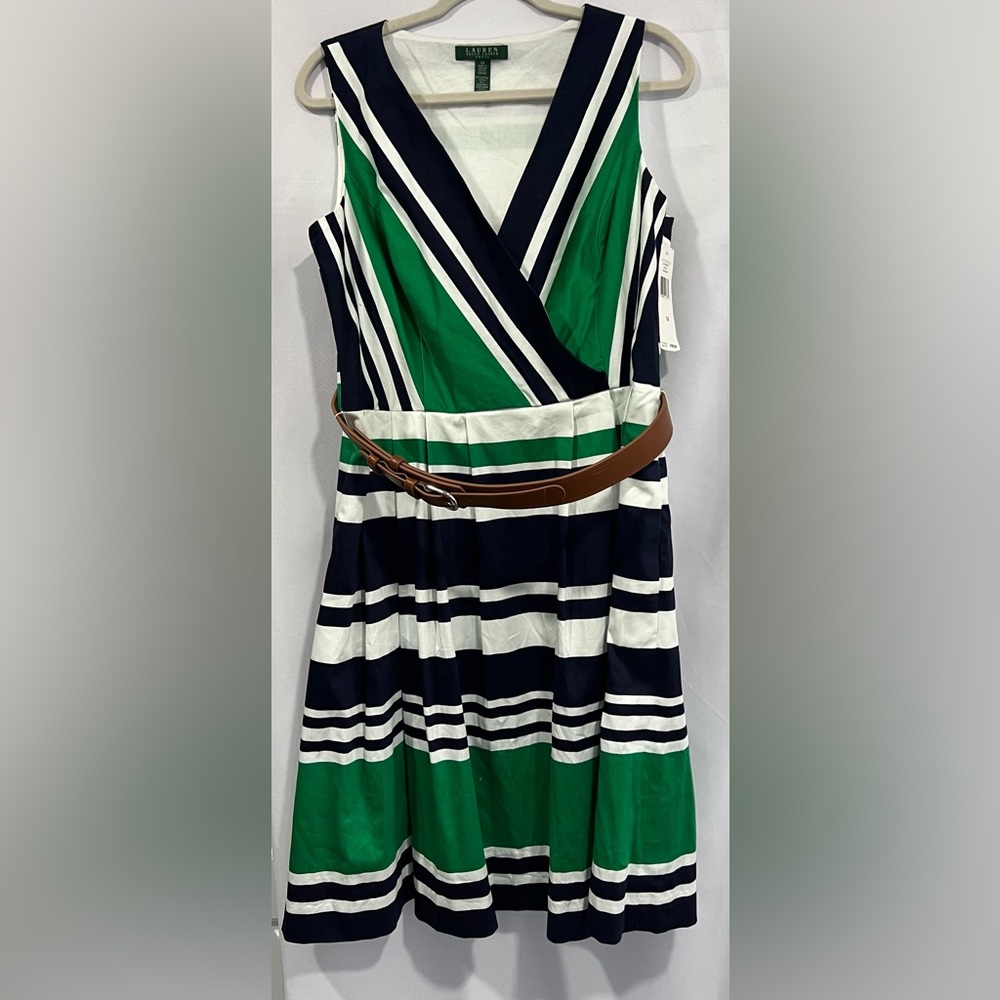 Ralph Lauren White Blue Green Dress with Belt 14 NWTS